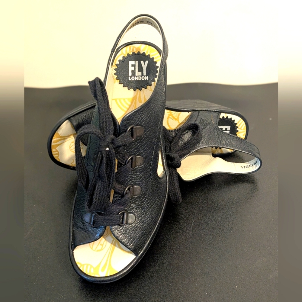 Fly London Ylfa Women's Black Lace Up Platform Wedge Peep Toe Sandals
